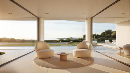 Luxury living room with a panoramic view of the gardenの素材