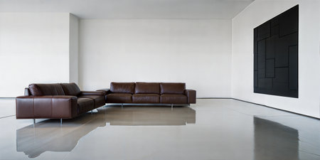 interior of modern bright interiors apartment living room with brown leather sofaの素材