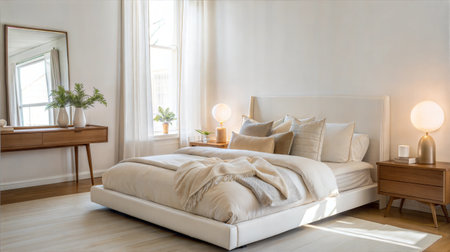 interior of luxury bedroom with white pillows on bed, nobody insideの素材