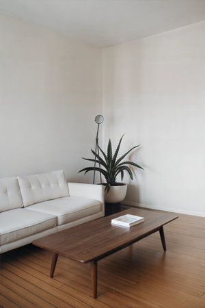 Interior of a modern living room with a white sofa and a plantの素材