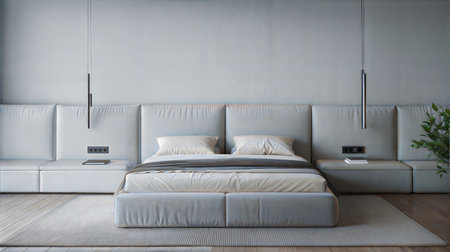 Interior of modern bedroom with white walls, concrete floor and comfortable white bedの素材