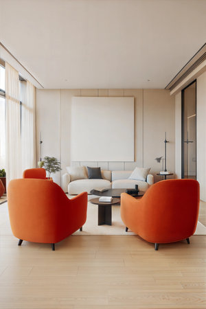 interior of modern bright living room with orange armchairs and sofaの素材