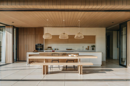 interior of modern kitchen and dining room with wooden table and chairsの素材