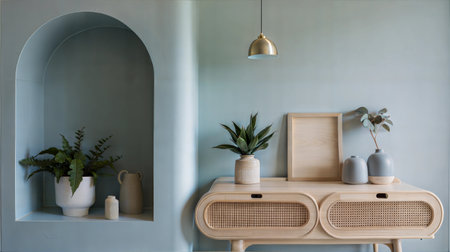 Interior of a modern living room with wooden commode and plantsの素材