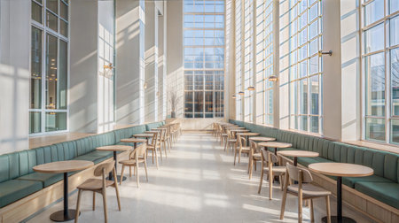 interior of a modern cafe with tables and chairs in the sunlightの素材