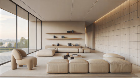Interior of modern living room with beige walls, concrete floor, beige sofas and coffee table. 3d renderingの素材