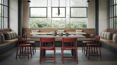 Interior of a modern restaurant with wooden tables and chairs. 3d renderingの素材