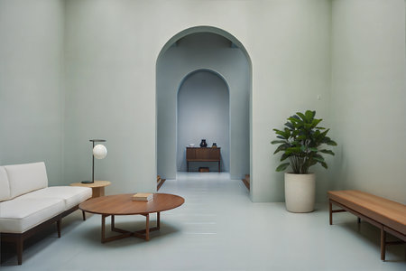 Interior of a modern living room with a white sofa and a coffee tableの素材