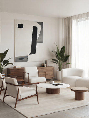 Modern living room interior with armchairs, coffee table and poster. 3d renderの素材