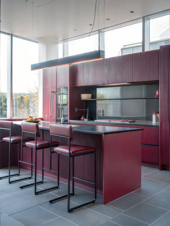 interior of luxury modern bright kitchen with dark red and black furnitureの素材