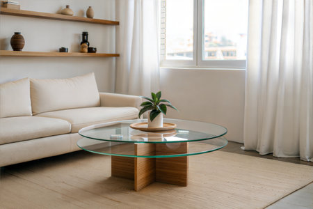Living room interior with coffee table, sofa and plant on round glass tableの素材