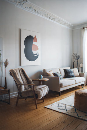 Modern living room interior with sofa, armchair, coffee table and paintingsの素材