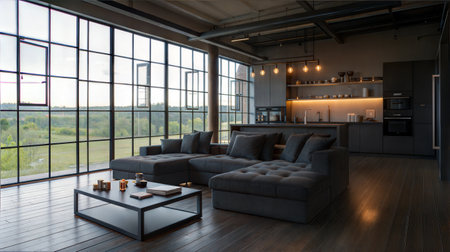Modern living room interior with sofa, coffee table and panoramic windowの素材
