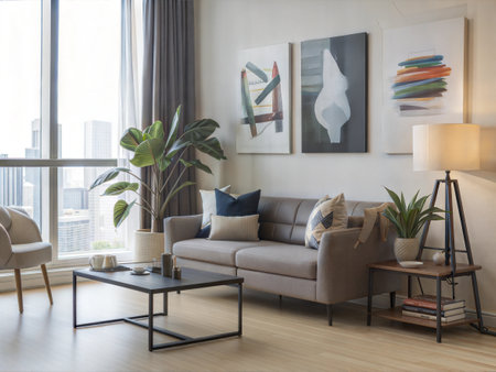 modern living room with sofa, coffee table and plant, interior design conceptの素材