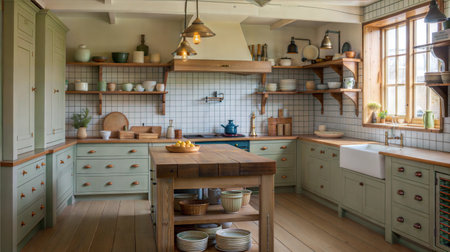 interior of a modern and bright kitchen in a rustic styleの素材