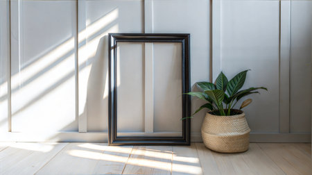 Wooden frame on the wall with a plant in a pot.の素材
