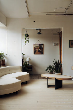 Interior of modern living room with sofa, coffee table and plantsの素材