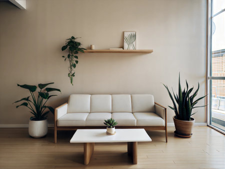 Interior of modern living room with white sofa, coffee table and plantsの素材