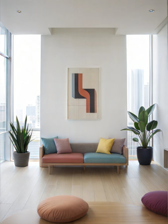 modern bright interiors apartment living room with sofa and plant, nobody insideの素材