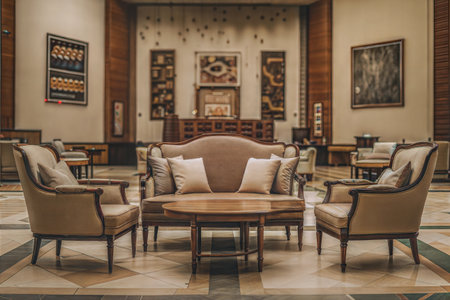 Luxury hotel lobby interior with armchairs and wooden coffee tablesの素材