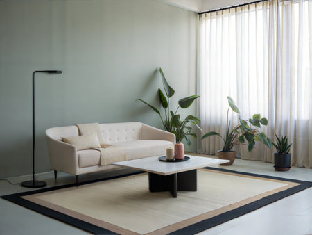 Interior of a living room with a sofa, coffee table and plantsの素材
