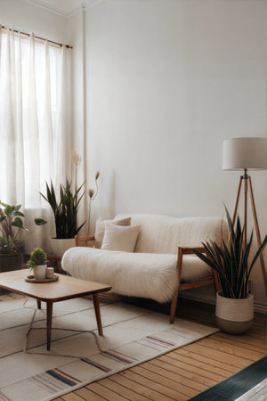 Interior of modern living room with sofa, coffee table and plantsの素材