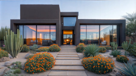 Exterior view of modern villa at sunset, California, USAの素材