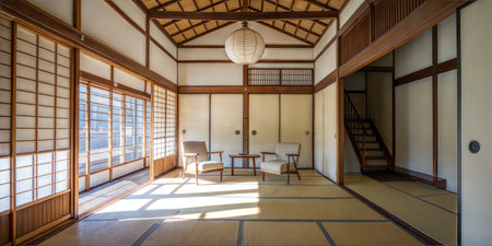 Interior of Japanese-style room with large window and wooden floorの素材
