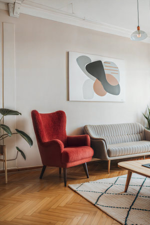 interior of modern living room with red armchair and white wallの素材