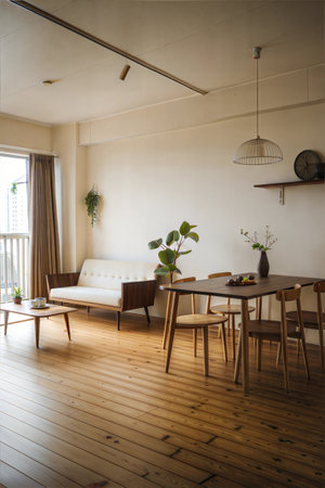 interior of modern house, living room, dining table and sofaの素材