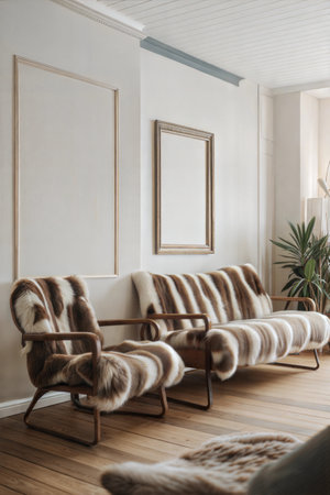 Modern living room interior with beige sofa, armchairs and plants. Mock up posterの素材