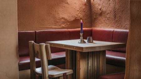 Interior of a cafe with a candle in a candlestickの素材