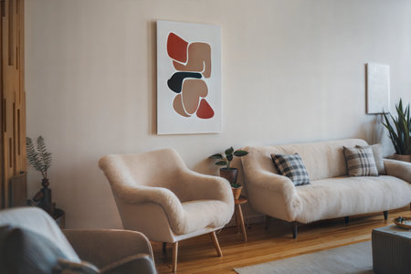 Interior of modern living room with beige sofas and posters on wallの素材