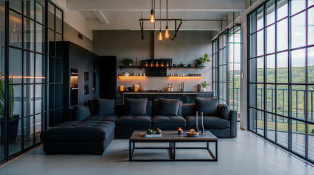 Interior of a modern living room with black sofa and coffee tableの素材