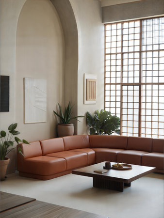 Interior of a living room with brown leather sofa and coffee tableの素材