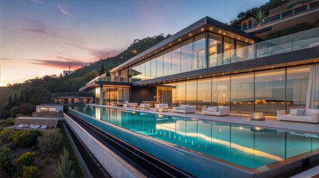 Luxury villa with swimming pool at sunset. Nobody insideの素材