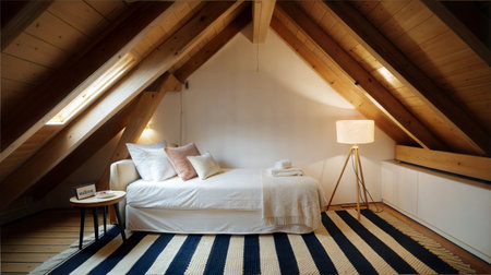 Interior of a attic bedroom with a wooden bed and a lampの素材
