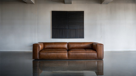 Interior of a modern living room with brown leather sofa and white wallの素材