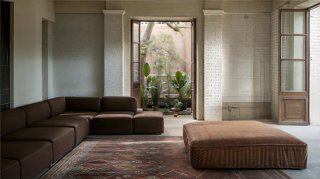 Interior of a modern living room with brown sofa and plants.の素材