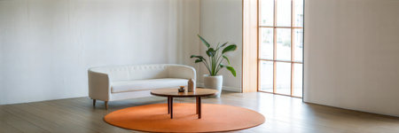 Modern living room with sofa, coffee table and plant. Panoramaの素材