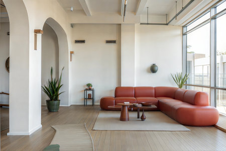 Interior of modern living room with sofa, coffee table and plantsの素材