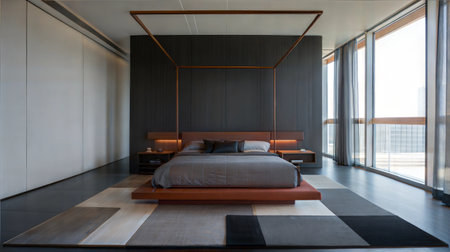 Interior of a modern bedroom with bed and pillows. Nobody insideの素材
