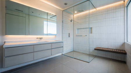 Interior of a modern bathroom with white tile walls and tiled floorの素材