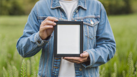 Young woman holding a picture frame in the field. Selective focus.の素材