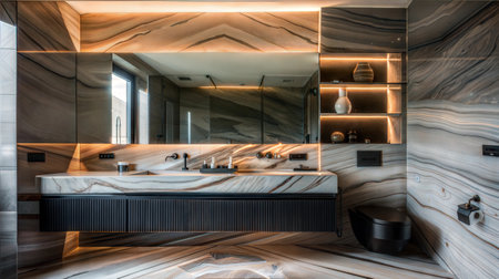 Luxury modern bathroom with black and white marble walls, panoramic windows and shower stallの素材