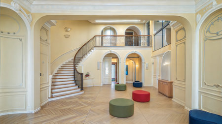 Interior of a modern building with staircases and white walls.の素材