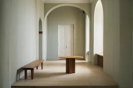 Interior of a room with a wooden table and a wooden benchの素材
