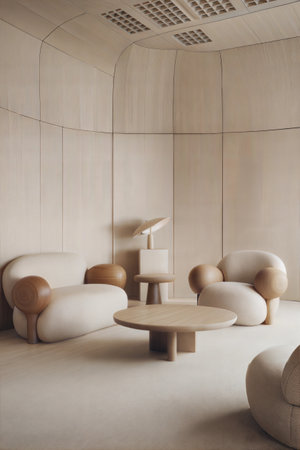 Interior of modern living room with beige walls, concrete floor, beige sofa and wooden coffee table. 3d renderingの素材