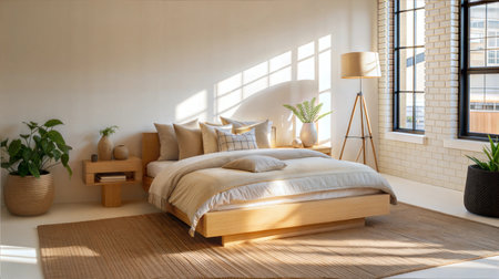 interior of modern bedroom with white walls, carpet on the floor and comfortable king size bedの素材