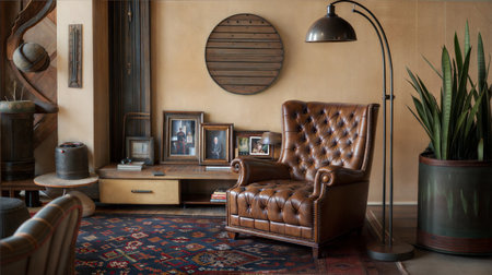 interior of the living room with a vintage armchair and a mirrorの素材